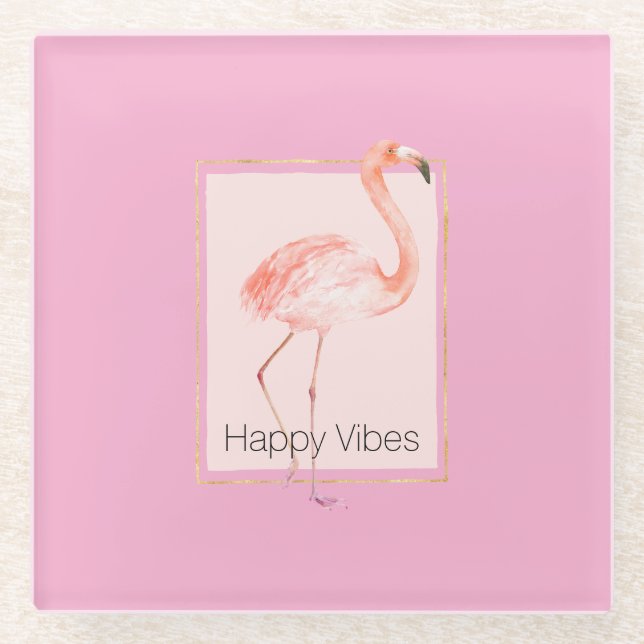 Happy Chic Pink Flamingo Glass Coaster (Front)