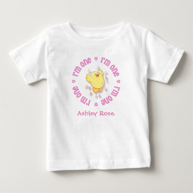 Happy Chick 1st Birthday Pink Baby T-Shirt (Front)