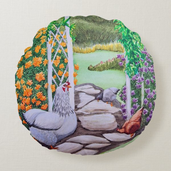 Happy Chicken Garden Round Pillow