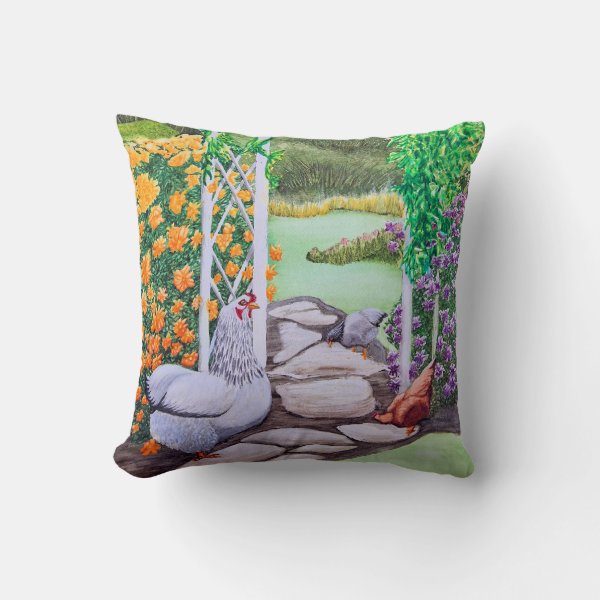 Happy Chicken Garden Throw Pillow