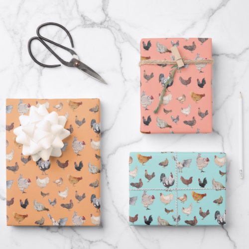 Happy Chickens Wrapping Paper Flat Sheet Set of 3