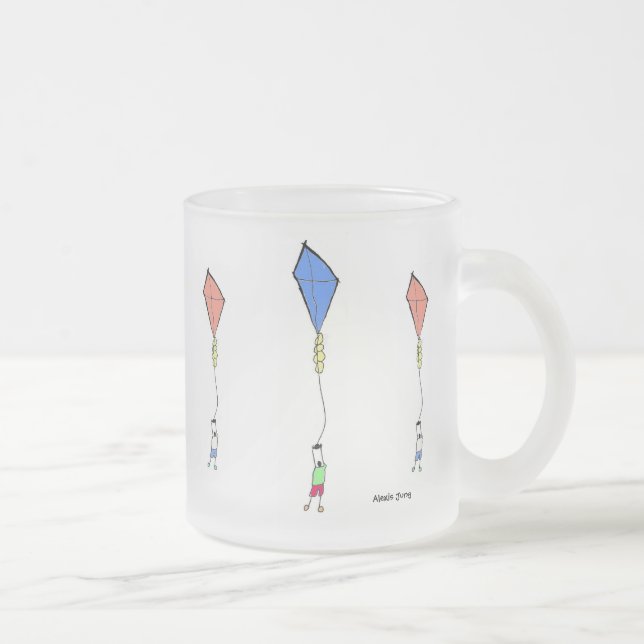 Happy Child Flying a Blue Kite Frosted Glass Coffee Mug (Right)