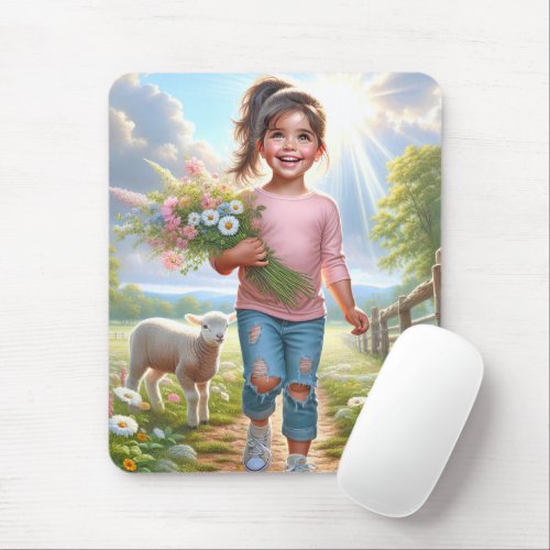 Happy Child With Lamb Mouse Pad