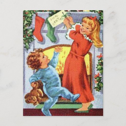 Happy Children in Pajamas at Christmas Stockings Holiday Postcard