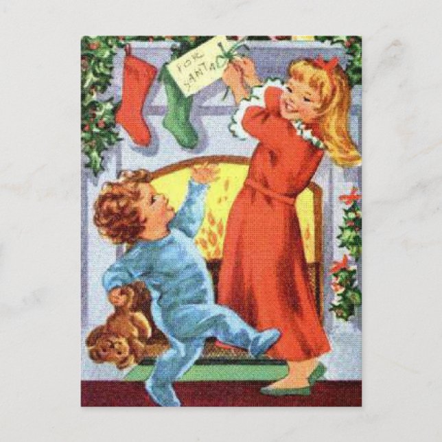 Happy Children in Pajamas at Christmas Stockings Holiday Postcard (Front)