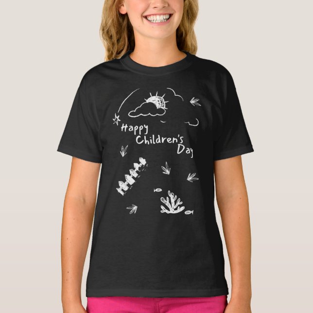 Happy Children's Day Black T-Shirt Graphic Tee (Front)