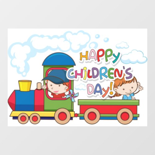Happy Childrens Day Train and Coach Red Blue Yello Window Cling