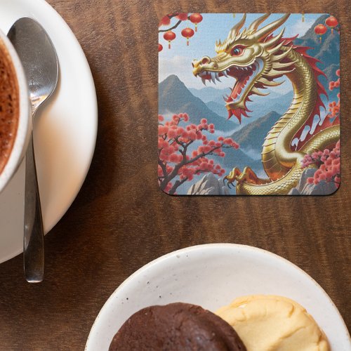 Happy Chinese New 2024 Golden Dragon Floral Beverage Coaster