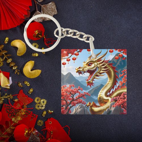 Happy Chinese New 2024 Golden Dragon Floral Keychain