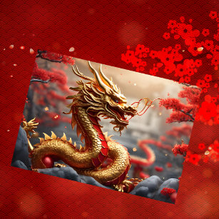 Happy Chinese New of Dragon 2024 Cherry Blossom Holiday Card