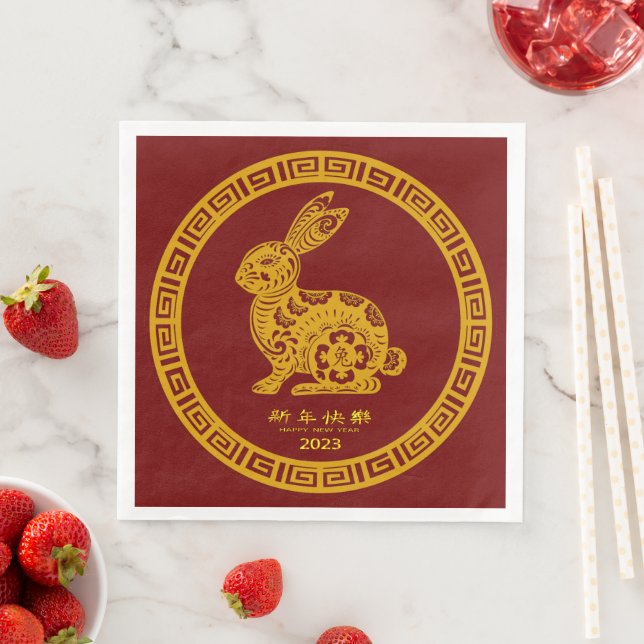 Happy Chinese New Year 2023 Rabbit  Red Gold Napki Paper Dinner Napkins (Insitu)