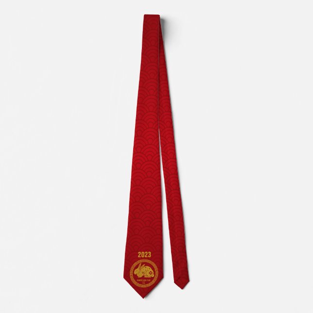 Happy Chinese New Year 2023 Rabbit Red Gold Neck Tie (Front)
