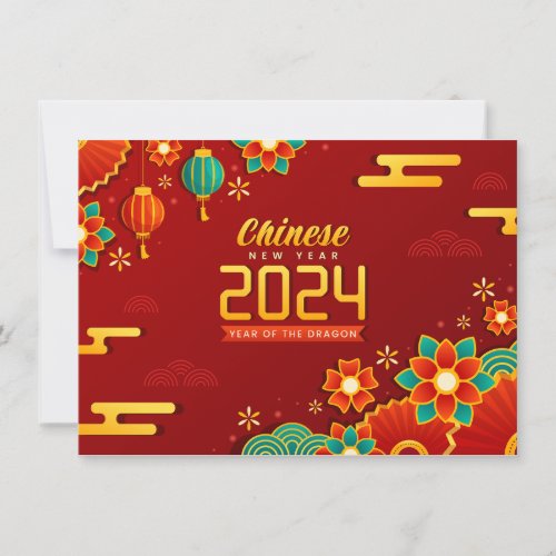 Happy Chinese New Year 2024 Floral Blue Gold Red  Holiday Card