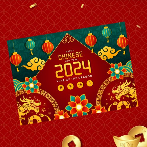 Happy Chinese New Year 2024 Twin Dragon Green Red  Envelope