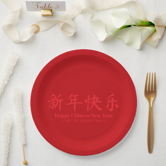 Happy Chinese New Year minimalist custom text red Paper Plates (Wedding)
