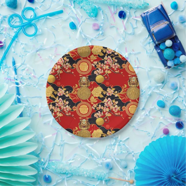 Happy Chinese New Year modern asian pattern Paper Plates (Party)