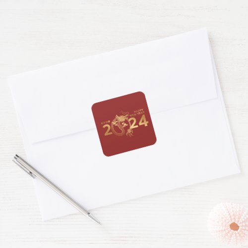Happy Chinese New Year of Dragon 2024 Red Gold  Square Sticker