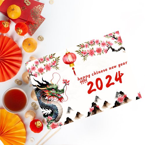 Happy Chinese New Year of Dragon Floral Pink Red Holiday Card