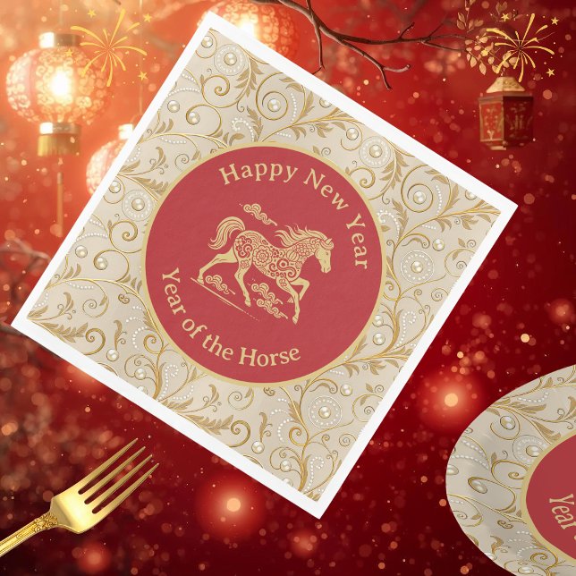 Happy Chinese New Year of Horse Elegant Gold Red  Napkins (Creator Uploaded)