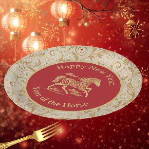 Happy Chinese New Year of Horse Elegant Gold Red Paper Plates
