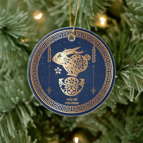 Happy Chinese New Year of Rabbit 2023 Blue Gold Ceramic Ornament