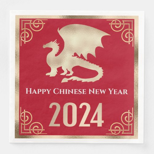 Happy Chinese New Year of The Dragon Gold on Red Paper Dinner Napkins
