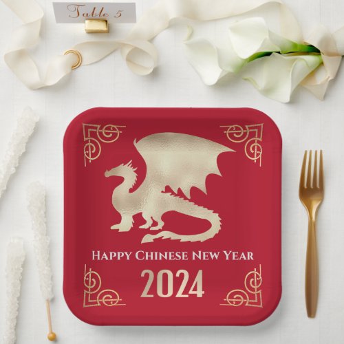 Happy Chinese New Year of The Dragon Gold on Red Paper Plates