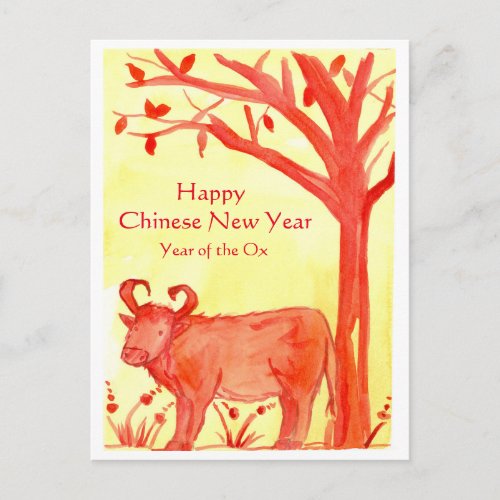 Happy Chinese New Year Of The Ox Watercolor Holiday Postcard
