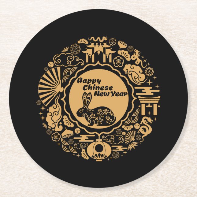 Happy Chinese New Year of the Rabbit Round Paper Coaster (Front)