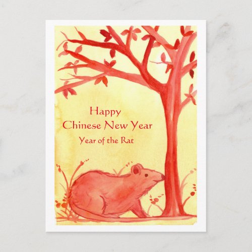 Happy Chinese New Year of The Rat Watercolor Holiday Postcard