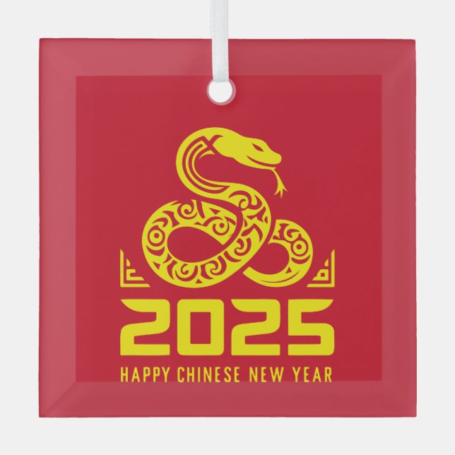 Happy Chinese New Year of the Snake 2025 Red Gold Glass Ornament (Front)
