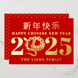 Happy Chinese New Year of the snake red gold Foil Holiday Card