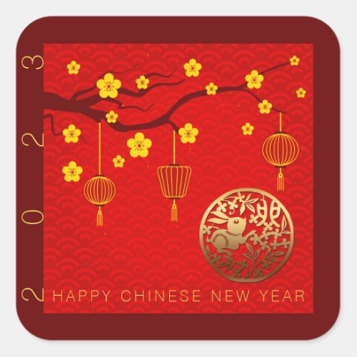 Happy Chinese Rabbit New Year 2023 Blossoms SqS Square Sticker