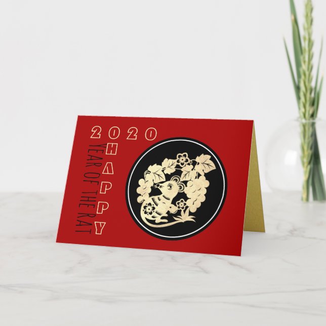 Happy Chinese Rat New Year 2020 Paper-cut 24HGC Card (Front)