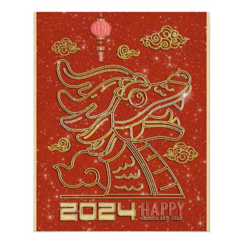 Happy Chinese Red Gold New Year of the Dragon 2024 Poster
