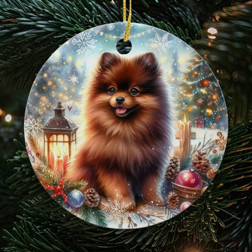 Happy Chocolate Brown Pomeranian Christmas Ceramic Ornament