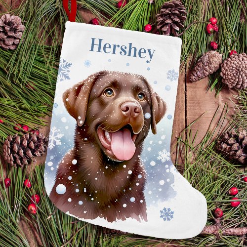 Happy Chocolate Labrador Retriever Snowflakes Dog Small Christmas Stocking