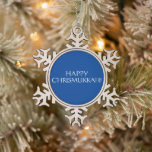 Happy Chrismukkah blue Jewish Holiday Snowflake Pewter Christmas Ornament<br><div class="desc">Happy Chrismukkah blue Jewish Holiday Snowflake Pewter Christmas Ornament.
White text on blue background.</div>