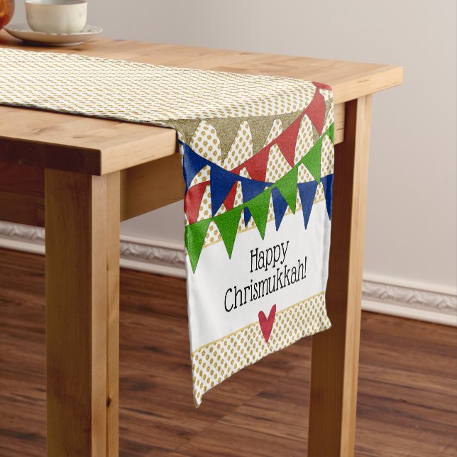 Happy Chrismukkah Christmas Hanukkah Hanukkmas Short Table Runner (In Situ)