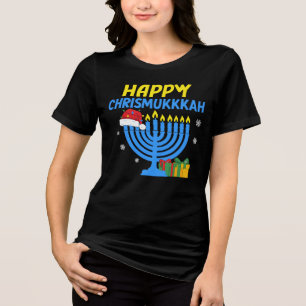 Happy Chrismukkah Menorah Santa Hat Holiday Tee