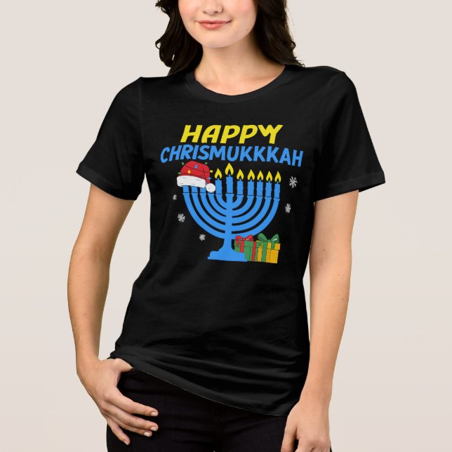 Happy Chrismukkah Menorah Santa Hat Holiday Tee (Front)