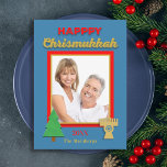 Happy Chrismukkah Tree and Menorah Photo Flat Card<br><div class="desc">This Chrismukkah flat greeting card has a bit of a nostalgic feel to it. Your photo is the center of attention in a gold and red frame. The words, "Happy Chrismukkah" appear along the top with a tree and menorah along the bottom. The design can be personalized with the year...</div>