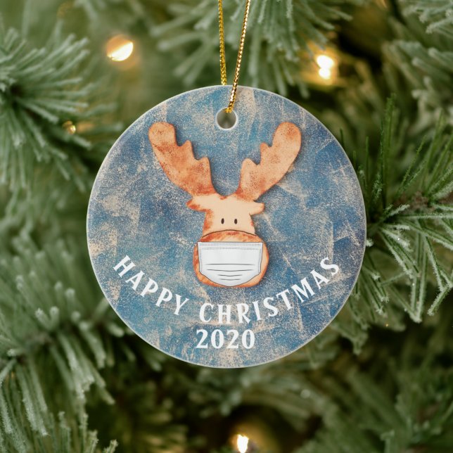 Happy Christmas 2020 Funny Deer with Face Mask Ceramic Ornament (Tree)