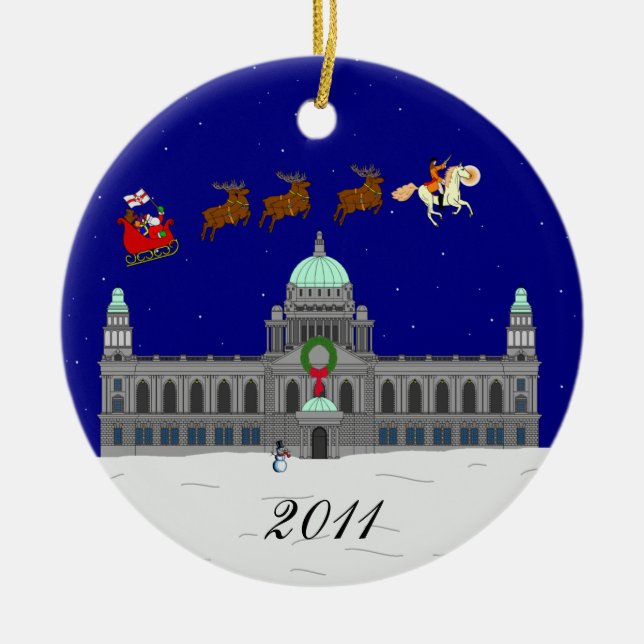 Happy Christmas (Belfast City Hall) Ceramic Ornament (Front)