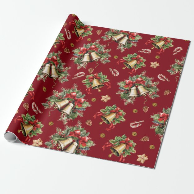 Happy Christmas Bells Holly Berries Candy Cane Red