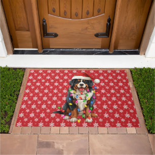 Happy Christmas Bernese Mountain Dog Santa Hat Doormat