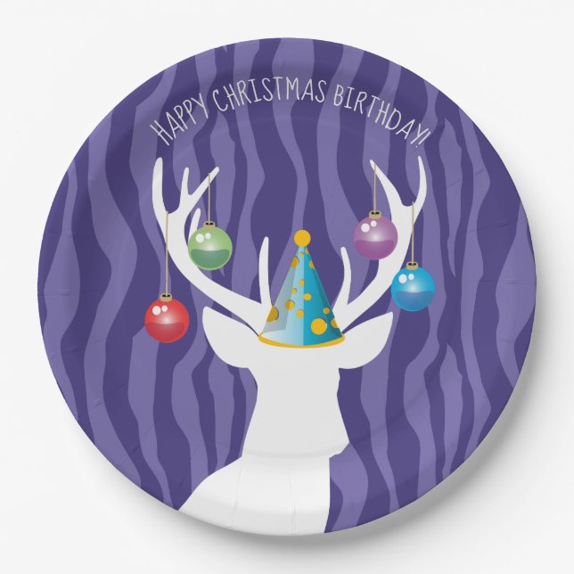 Happy Christmas Birthday Deer Party Paper Plates (Front)