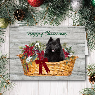 Happy Christmas Black Pomeranian Dog in Basket Cards