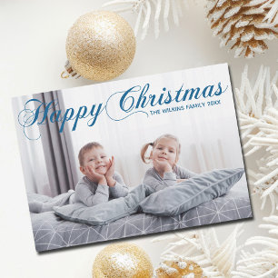 Happy Christmas Blue Elegant Cursive Script Photo Holiday Card
