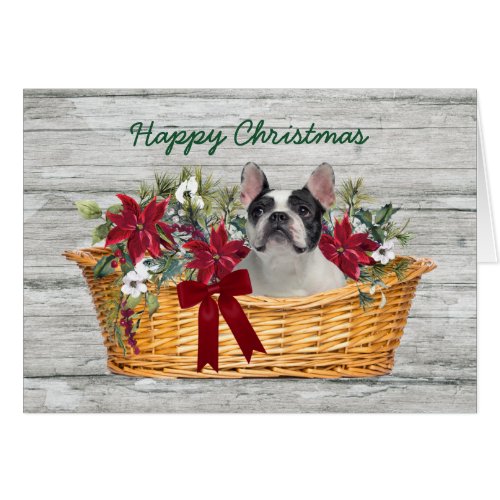 Happy Christmas Boston Terrier Dog in Basket